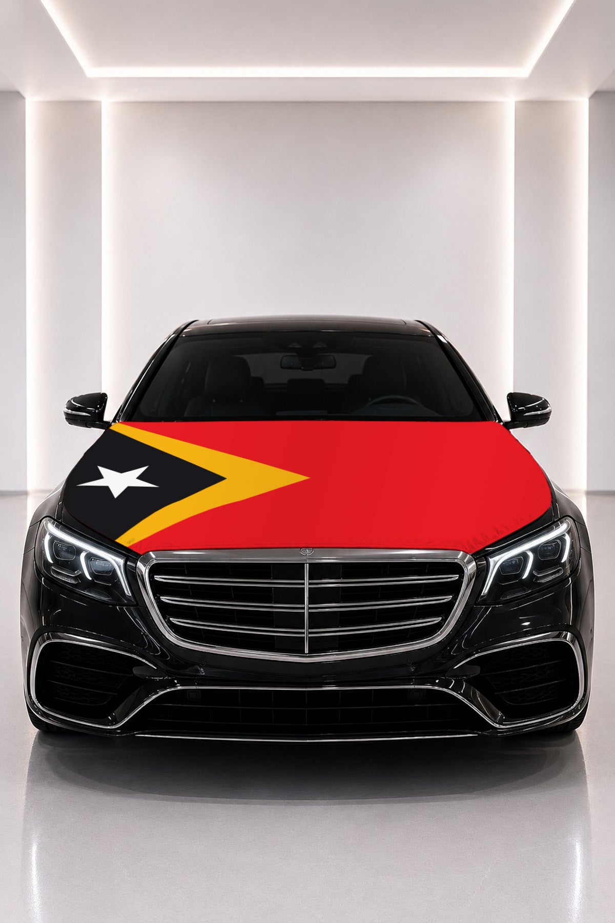 Timor-Leste flag car hood cover fitted on a black car bonnet