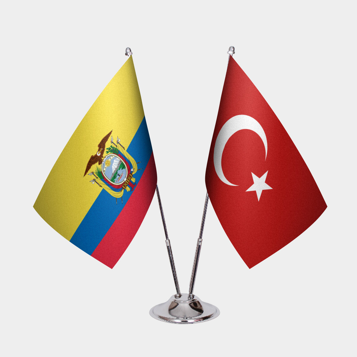 Ecuador and Turkey desk flag set with chrome pole and base