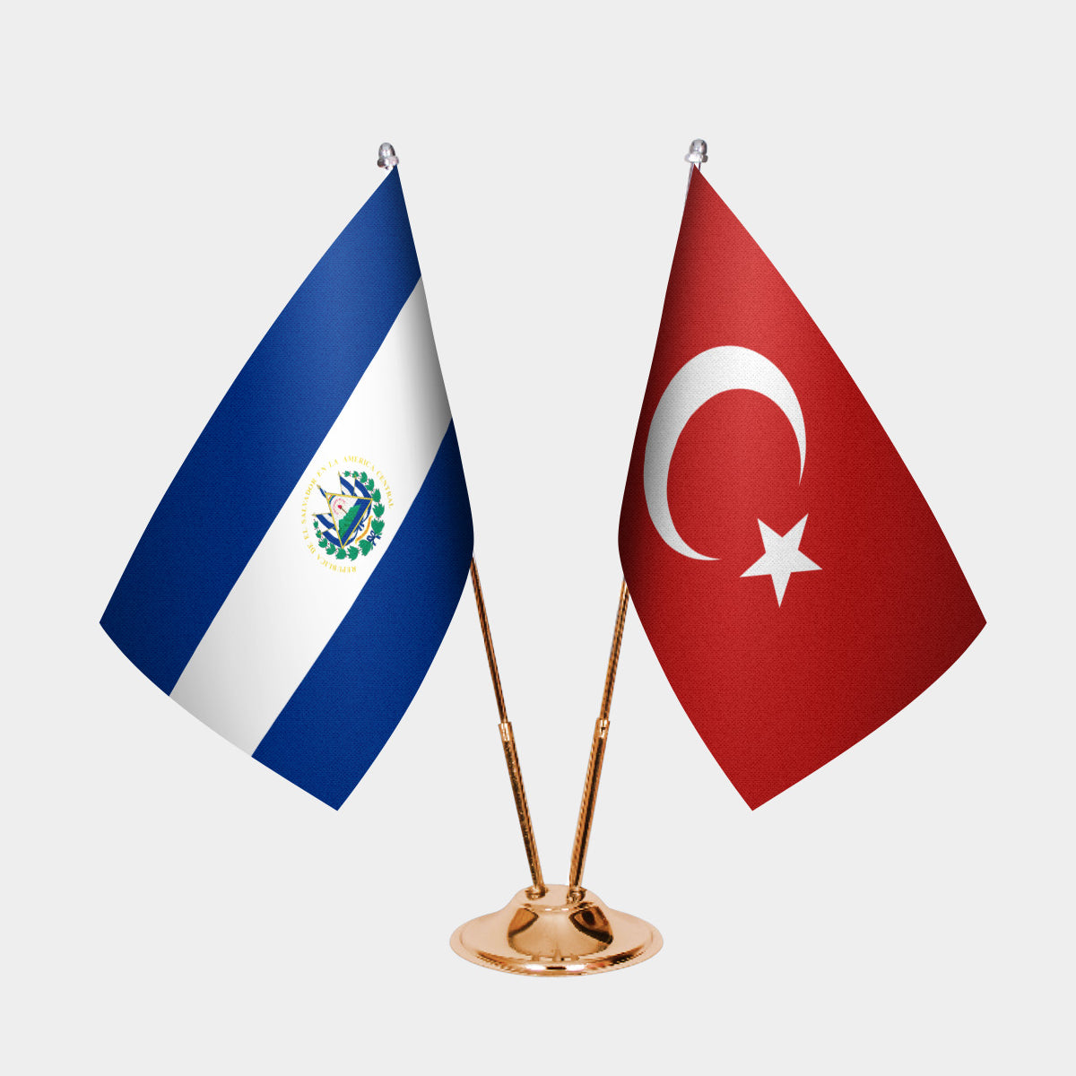 El Salvador and Turkey desk flag set with gold pole and base