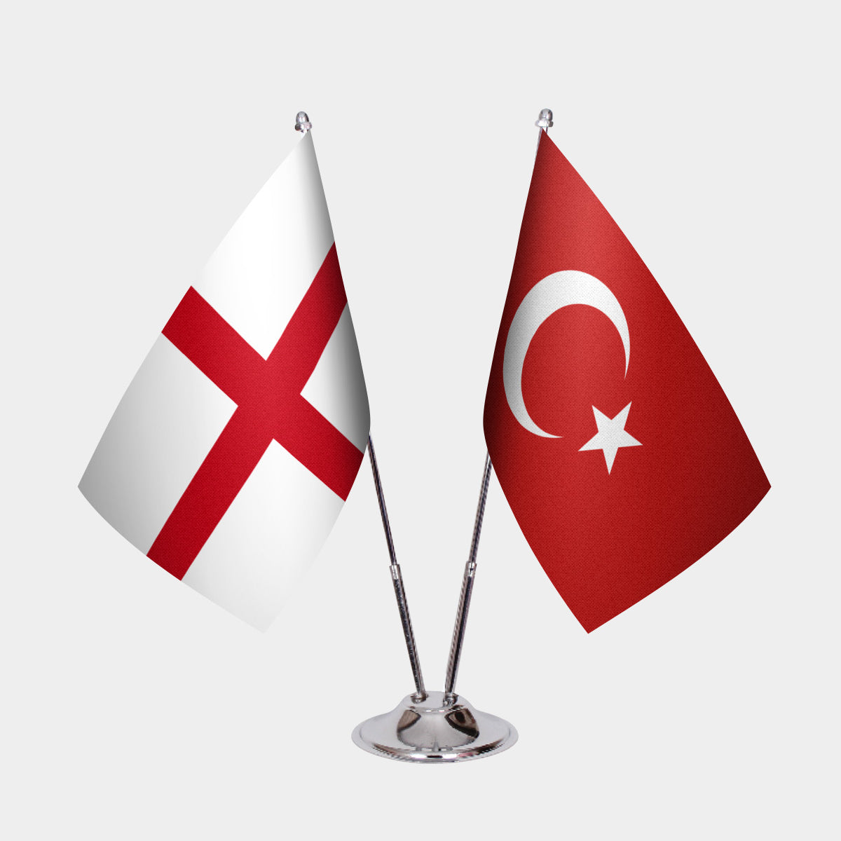 England and Turkey desk flag set with chrome pole and base