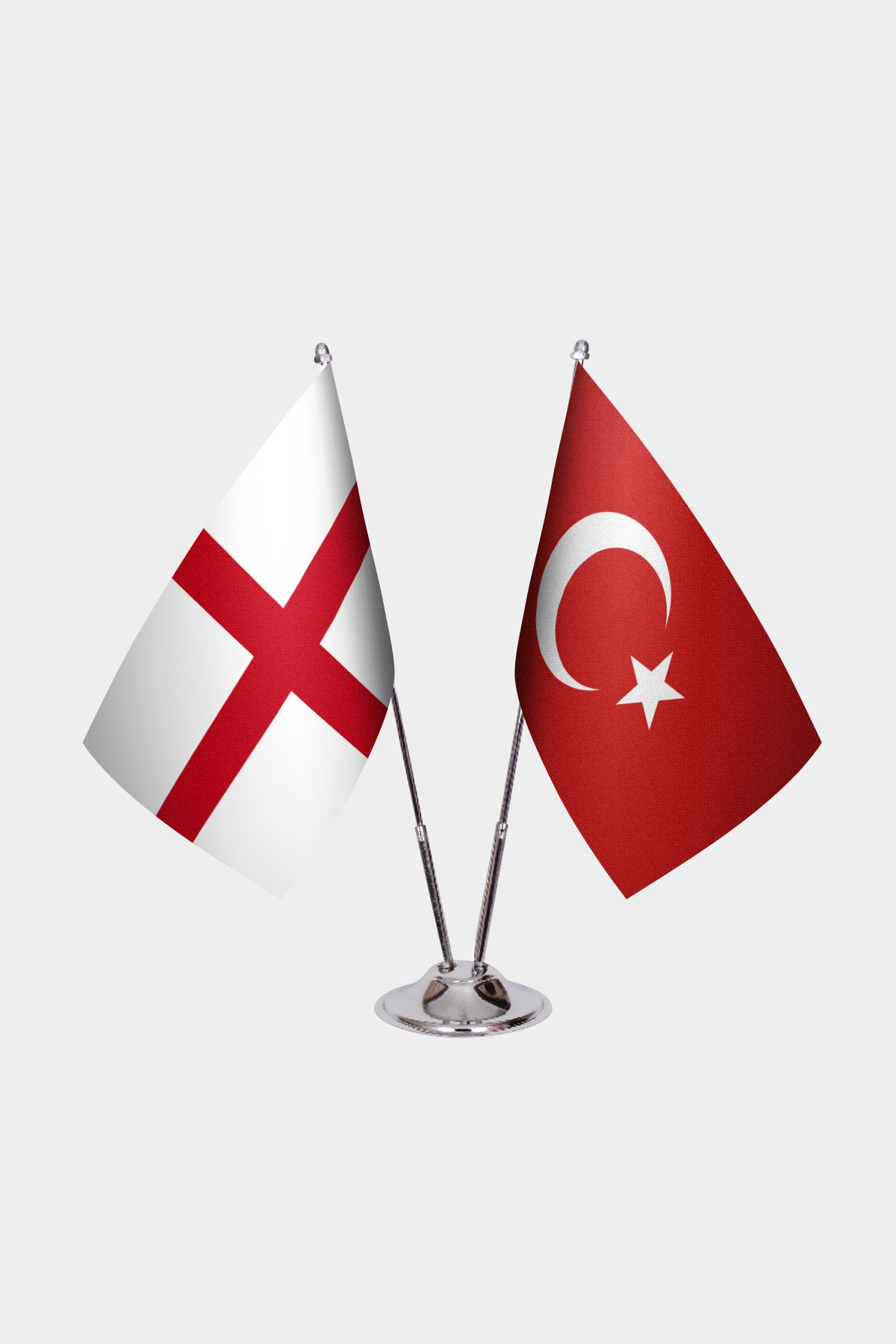 England and Turkey desk flag set with chrome pole and base