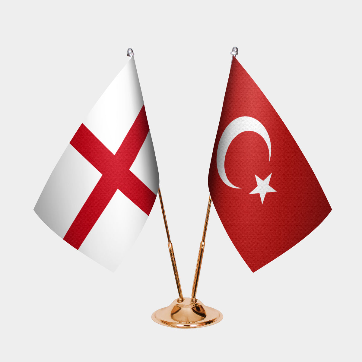 England and Turkey desk flag set with gold pole and base
