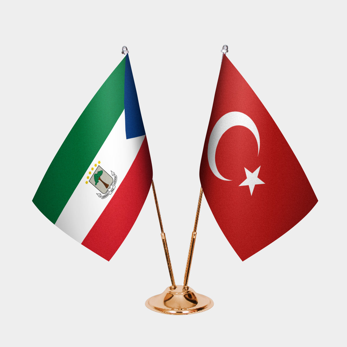 Equatorial Guinea and Turkey desk flag set with gold pole and base