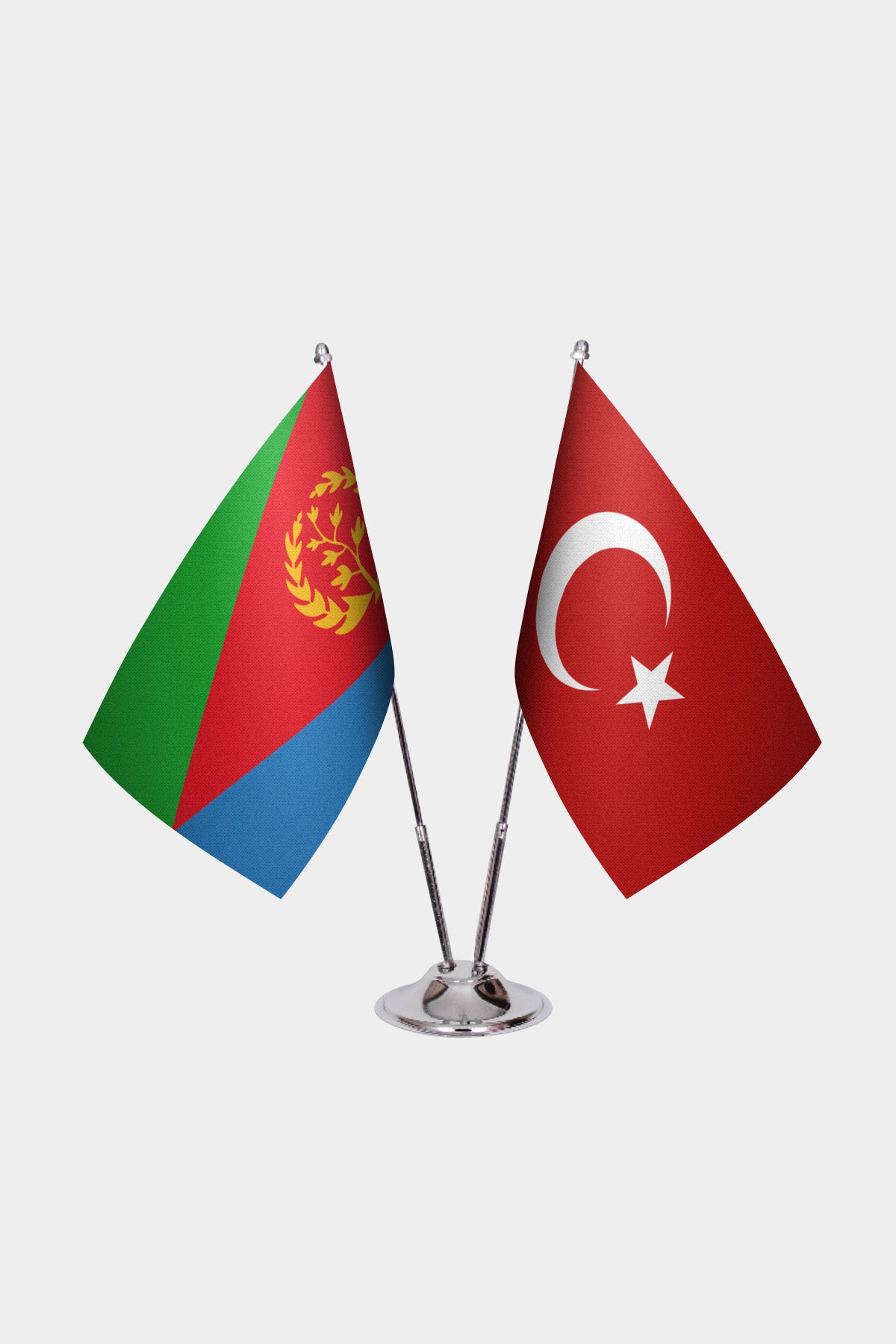Eritrea and Turkey desk flag set with chrome pole and base
