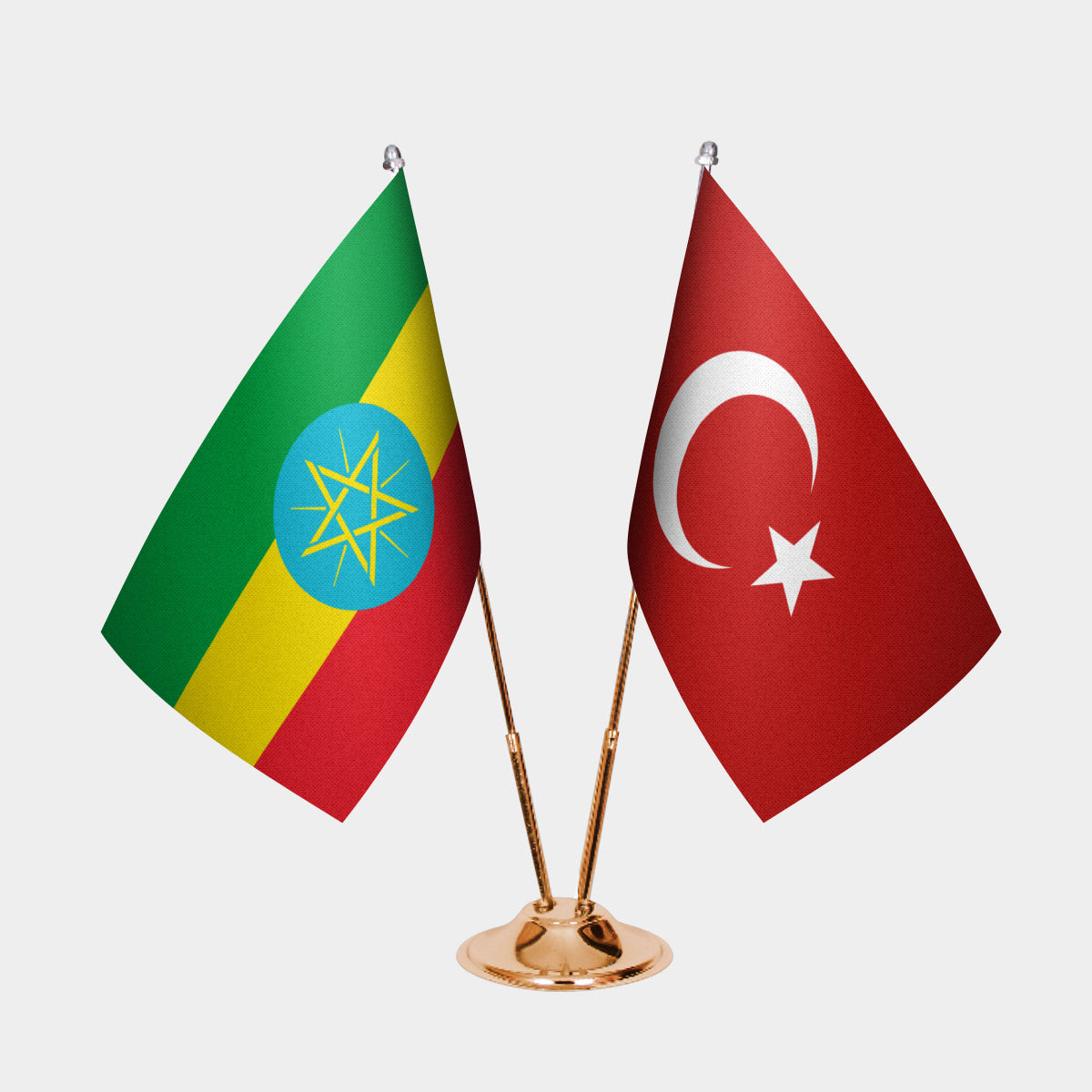 Ethiopia and Turkey desk flag set with gold pole and base