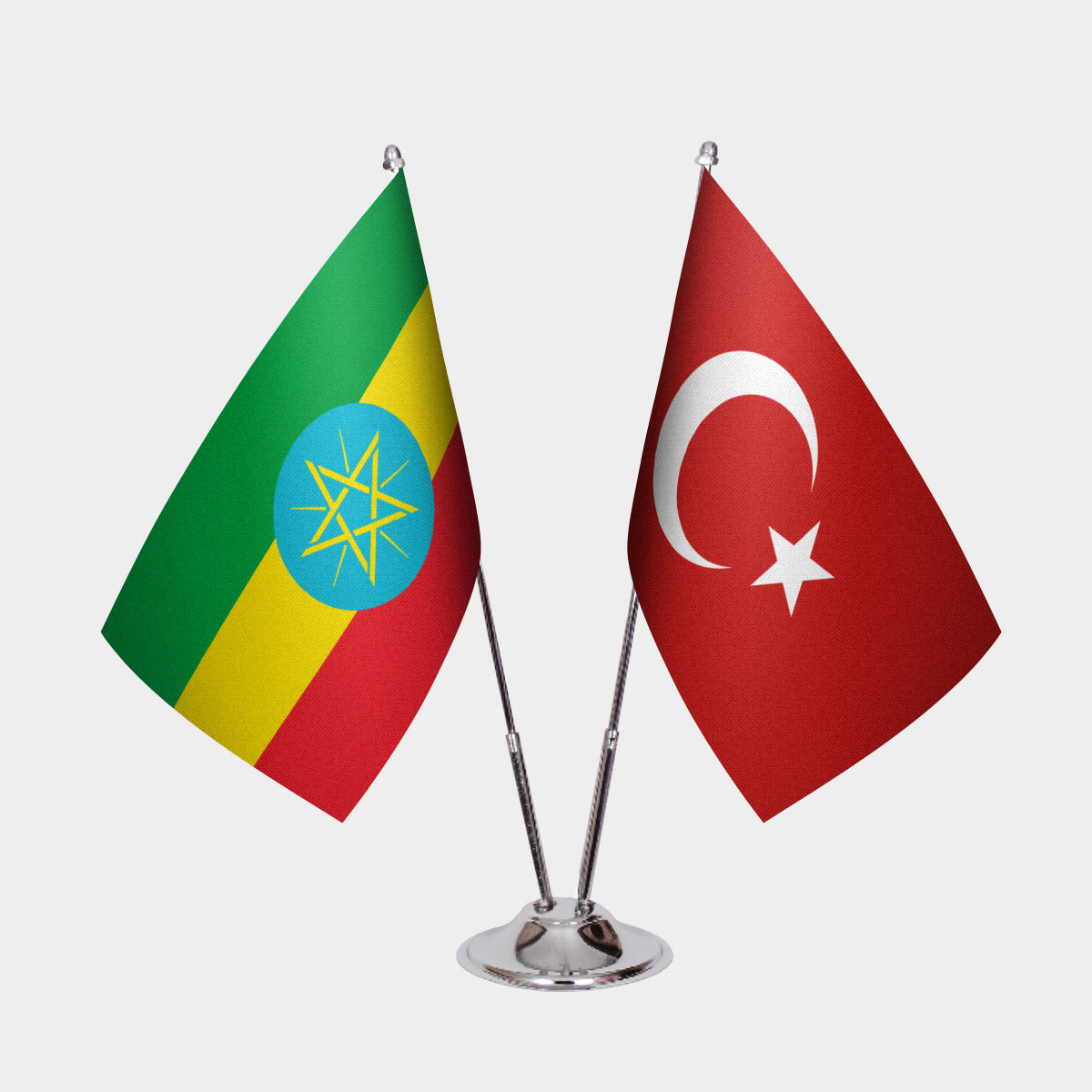 Ethiopia and Turkey desk flag set with chrome pole and base