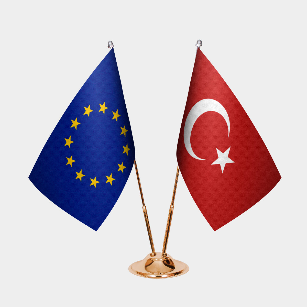 European Union and Turkey desk flag set with gold pole and base