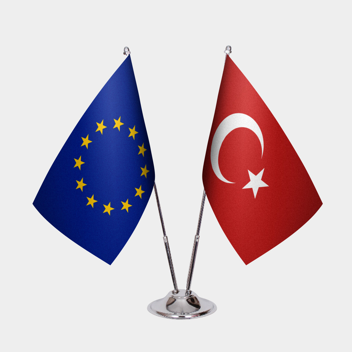 European Union and Turkey desk flag set with chrome pole and base