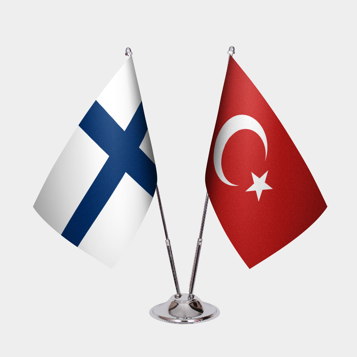 Finland and Turkey desk flag set with chrome pole and base