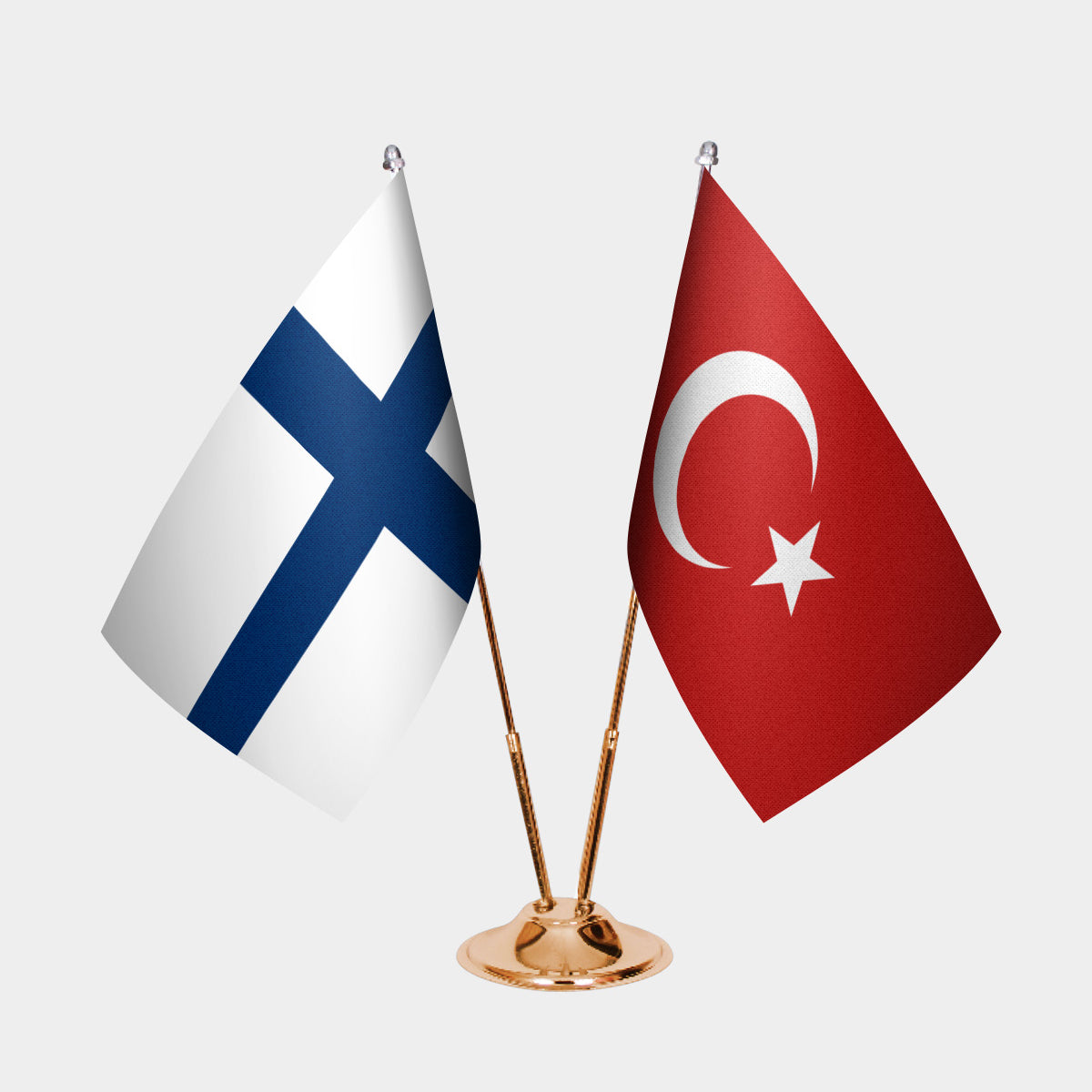 Finland and Turkey desk flag set with gold pole and base