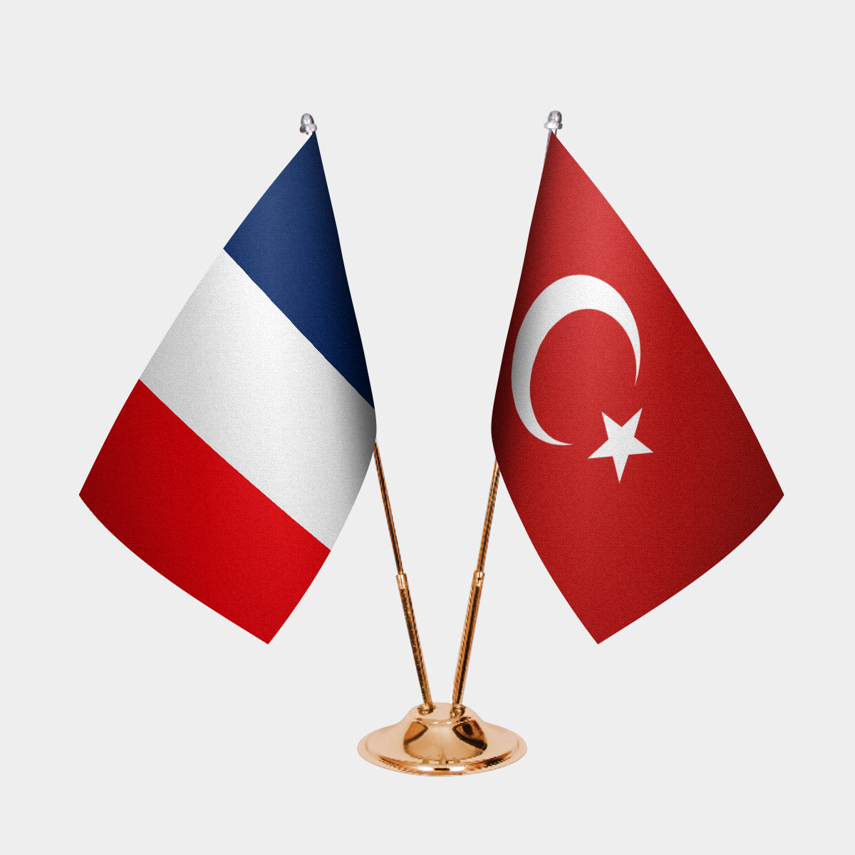 France and Turkey desk flag set with gold pole and base