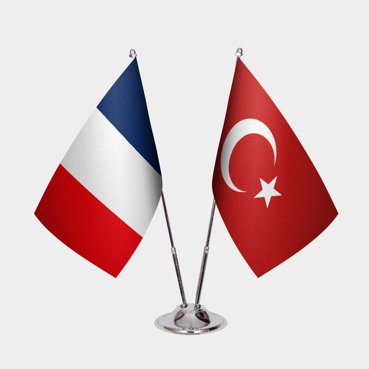 France and Turkey desk flag set with chrome pole and weighted base
