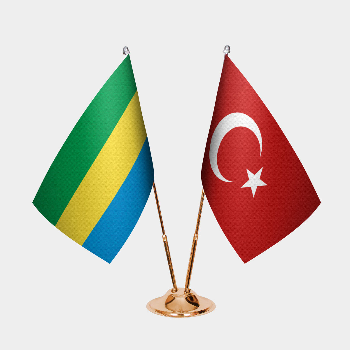 Gabon and Turkey desk flag set with gold pole and base