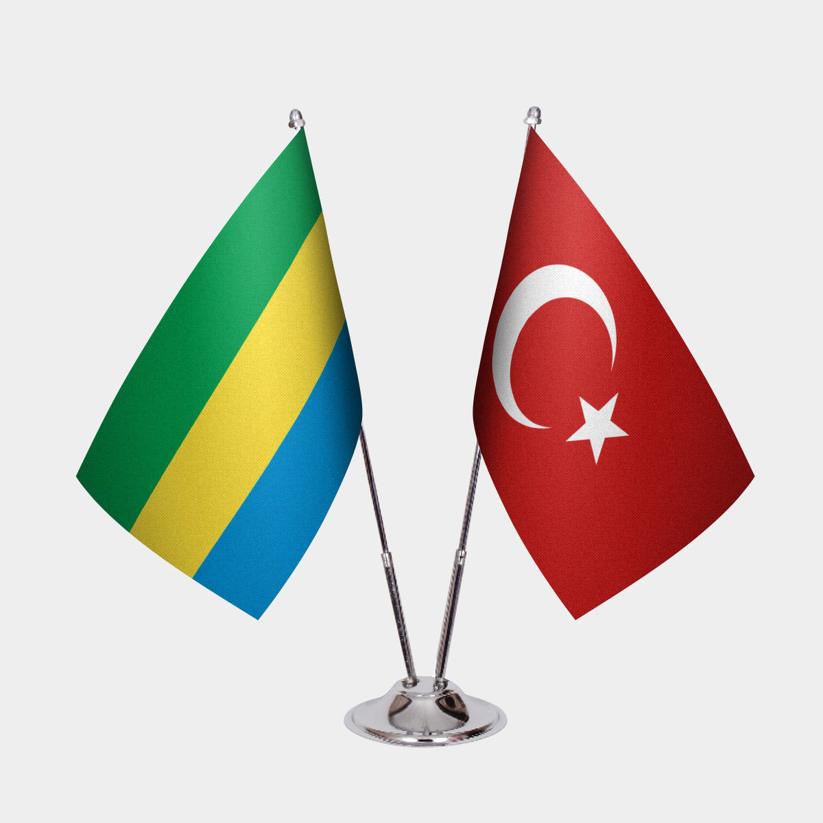 Gabon and Turkey desk flag set with chrome pole and base