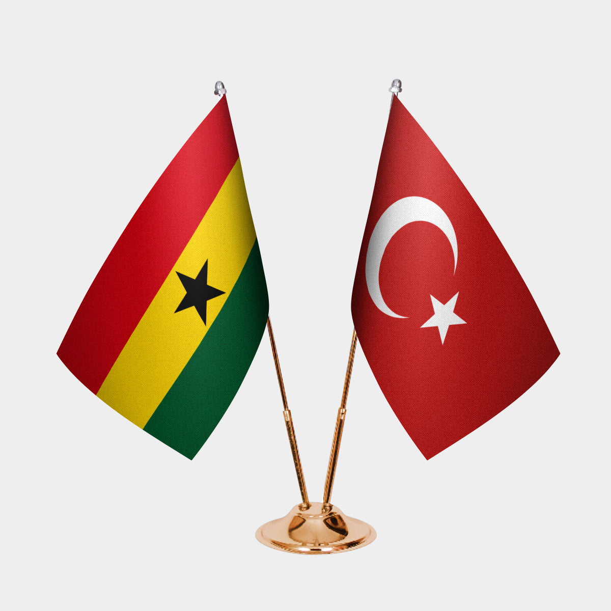 Ghana and Turkey desk flag set with gold pole and base