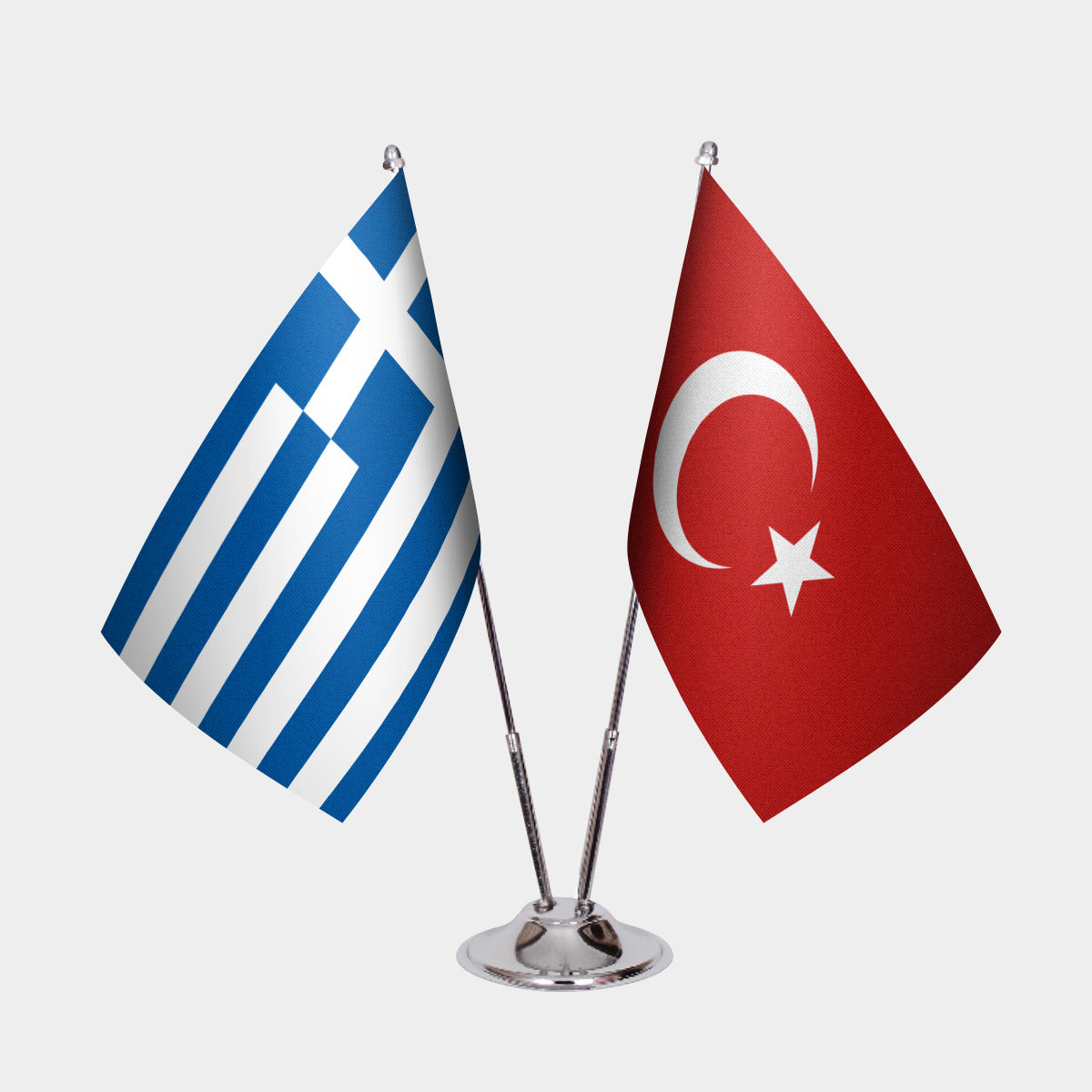 Greece and Turkey desk flag set with chrome pole and base
