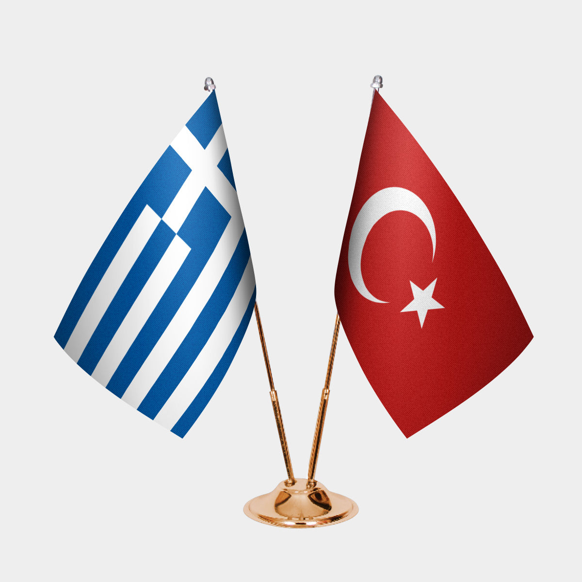Greece and Turkey desk flag set with gold pole and base