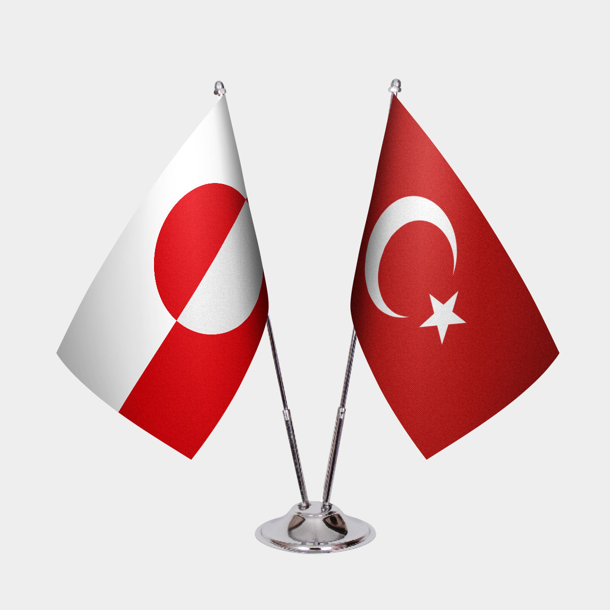 Greenland and Turkey desk flag set with chrome pole and base