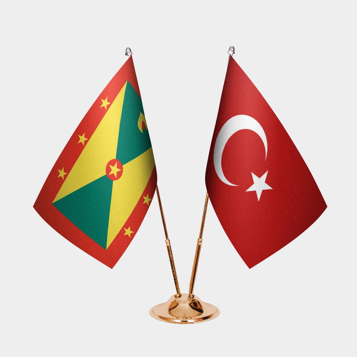 Grenada and Turkey desk flag set with gold pole and base