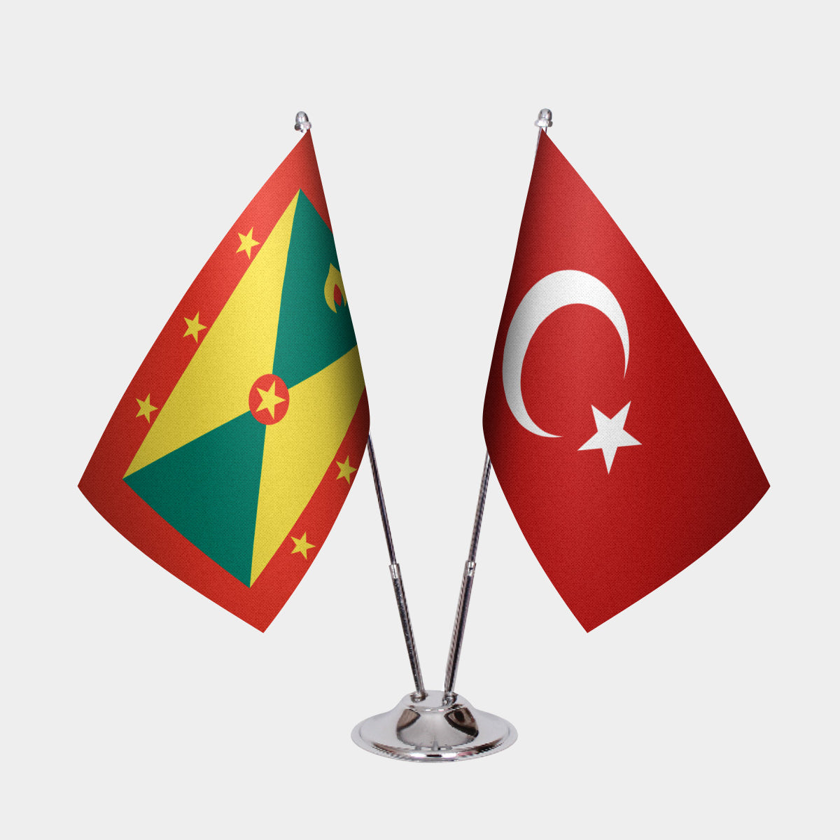 Grenada and Turkey desk flag set with chrome pole and base