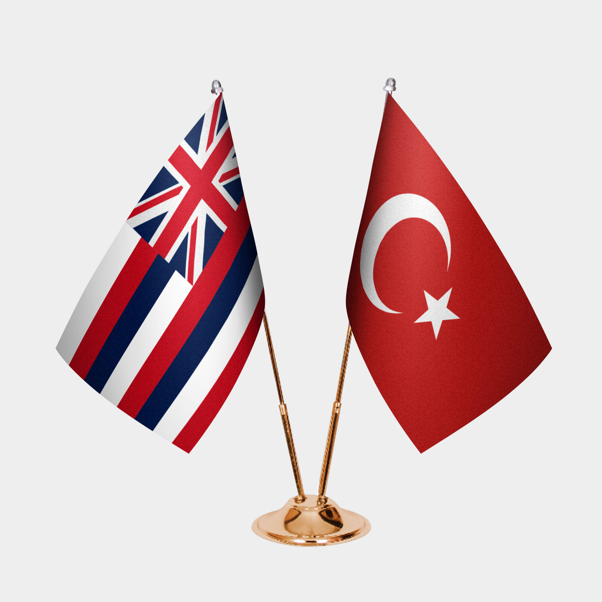 Hawaii and Turkey desk flag set with gold pole and base