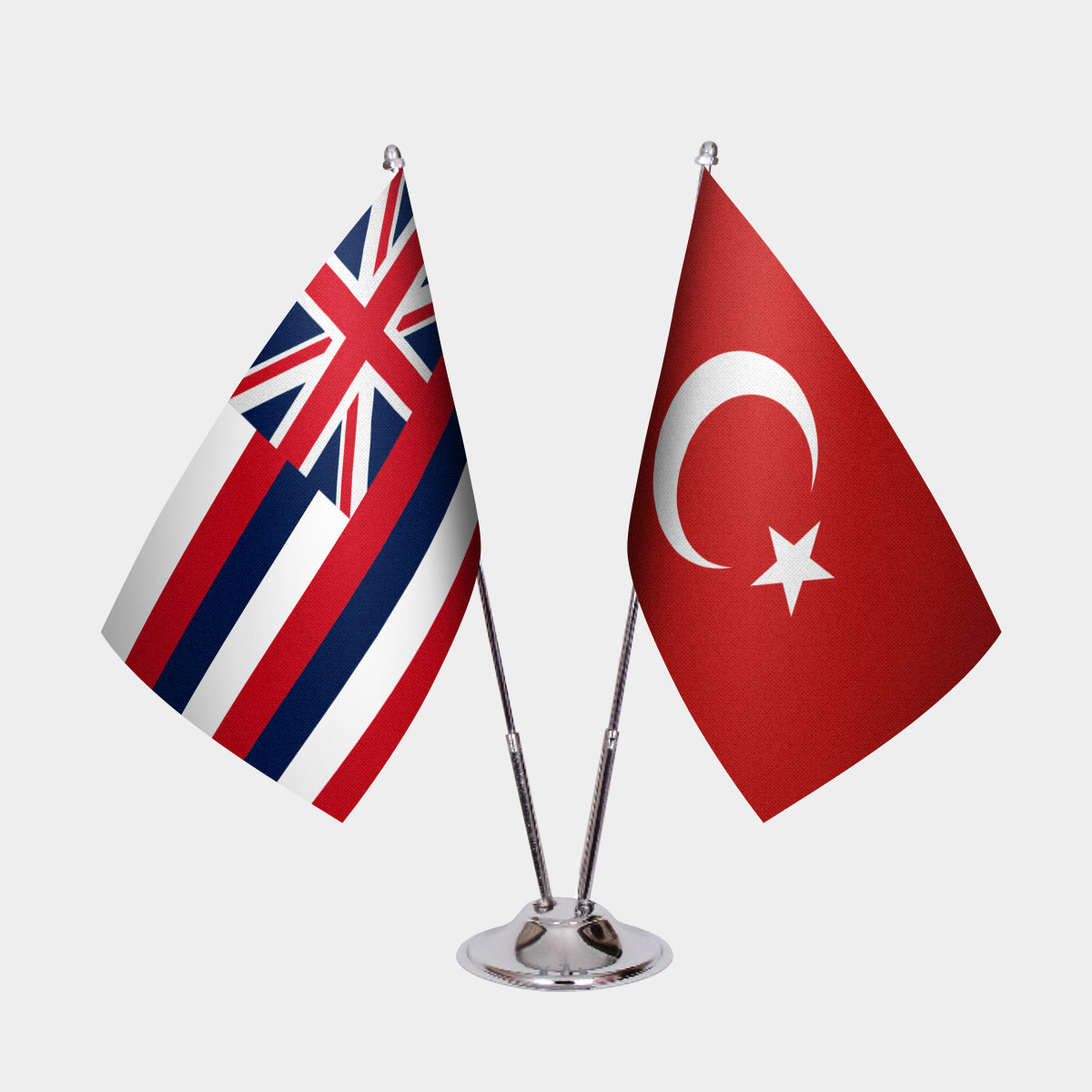 Hawaii and Turkey desk flag set with chrome pole and base