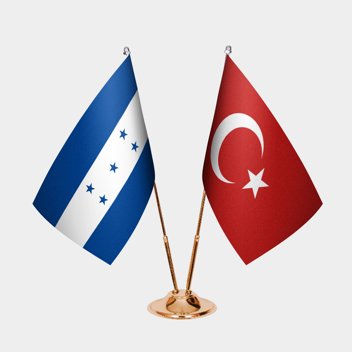 Honduras and Turkey desk flag set with gold pole and base