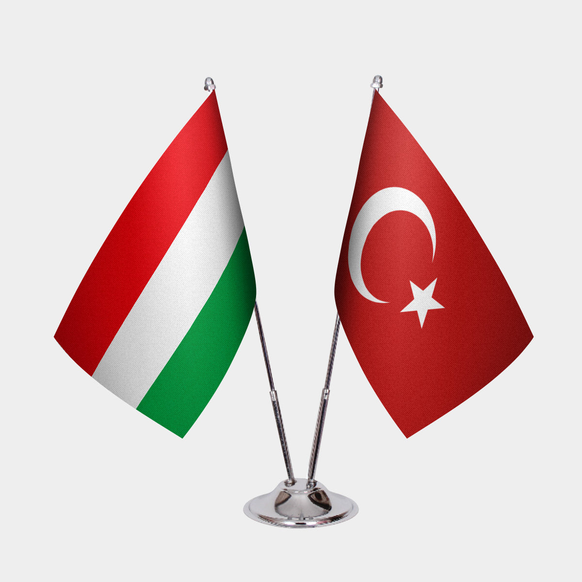 Hungary and Turkey desk flag set with chrome pole and base