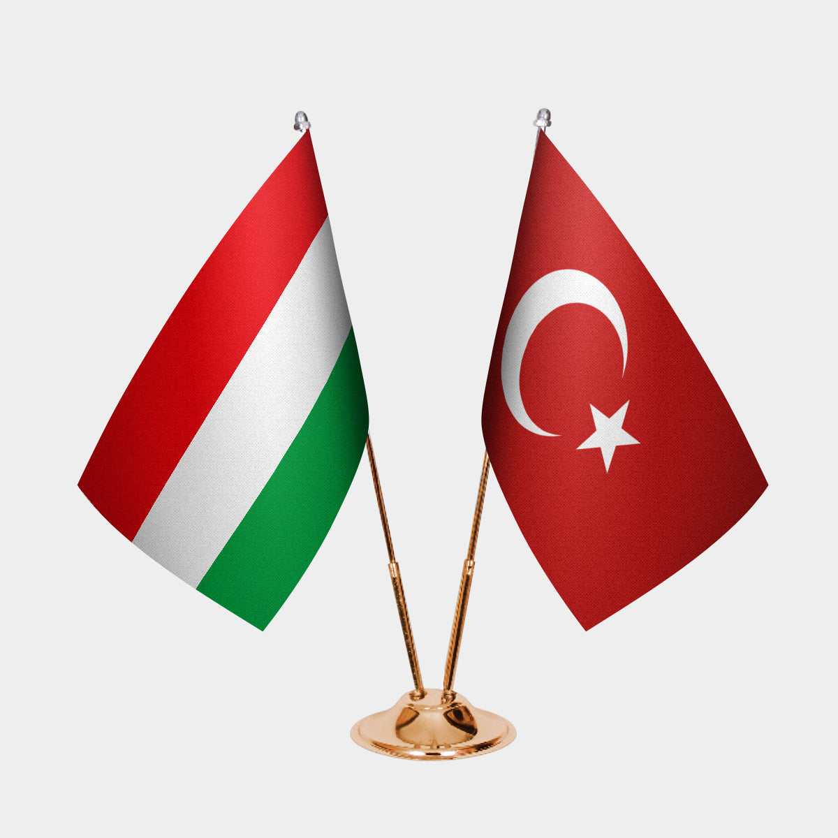 Hungary and Turkey desk flag set with gold pole and base