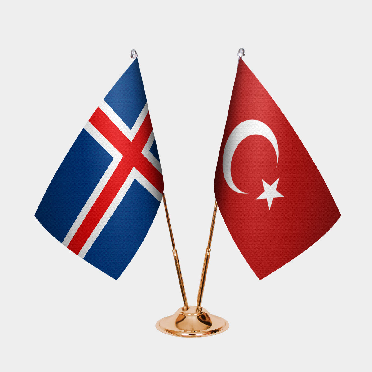 Iceland and Turkey desk flag set with gold pole and base