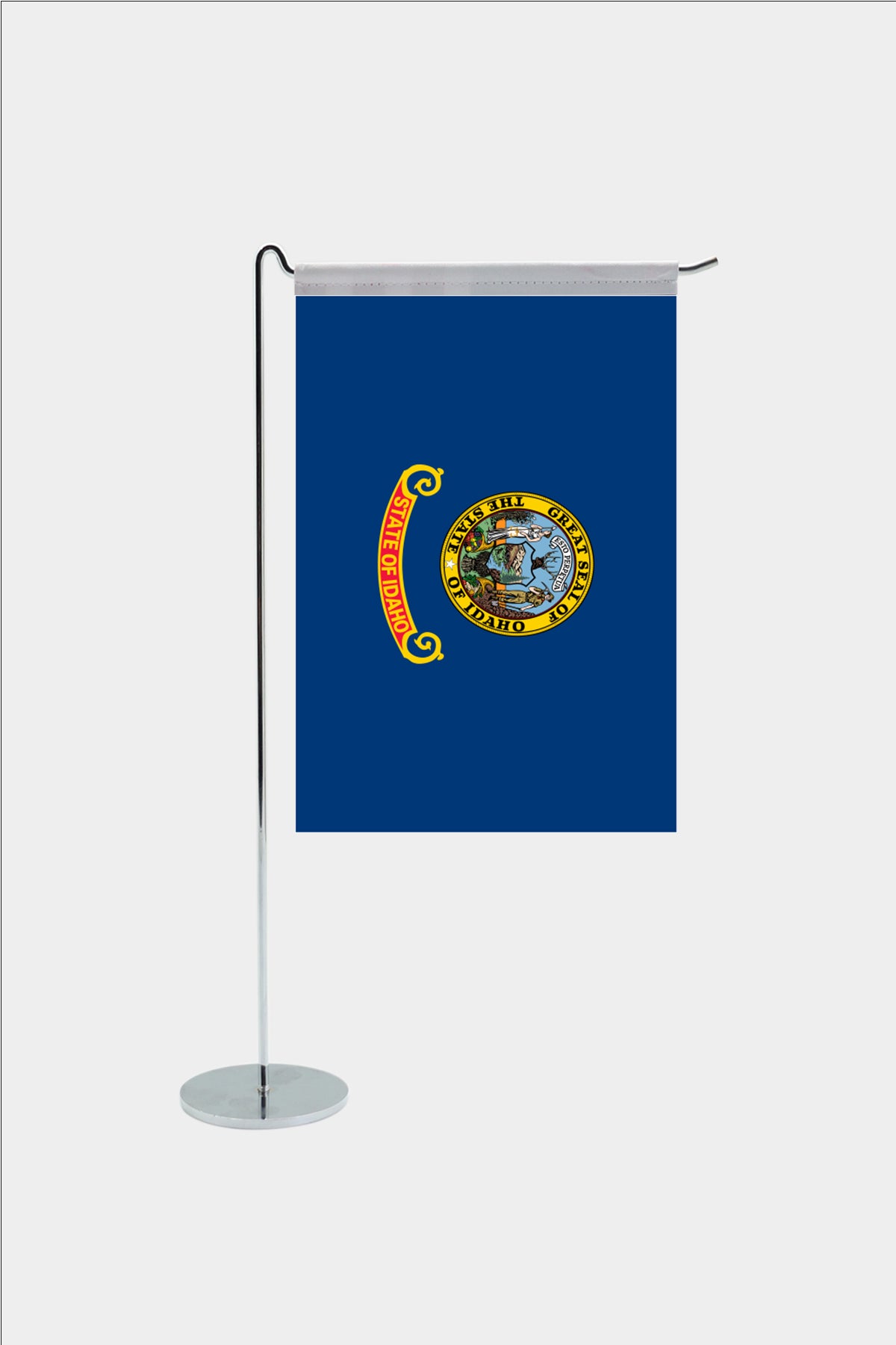 Idaho state desk flag with chrome L-shaped stand - premium double-layer satin office flag