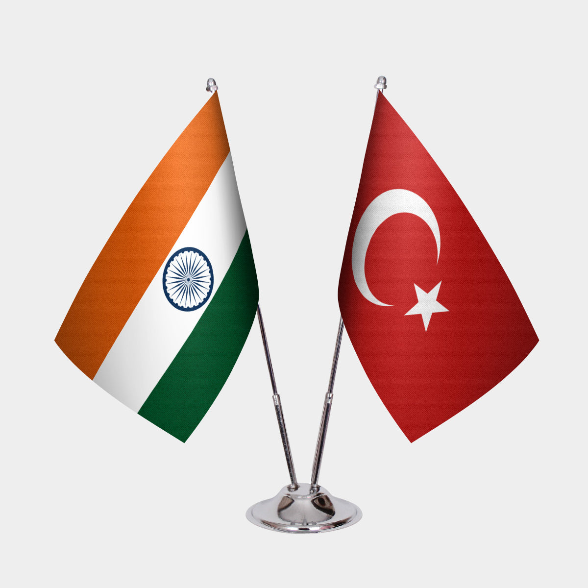 India and Turkey desk flag set with chrome pole and base
