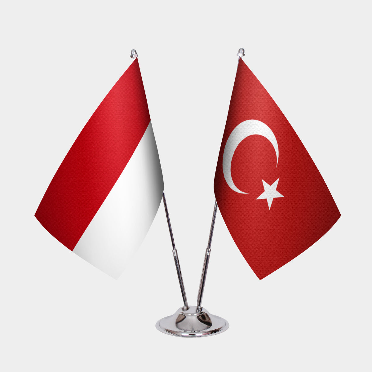 Indonesia and Turkey desk flag set with chrome pole and base