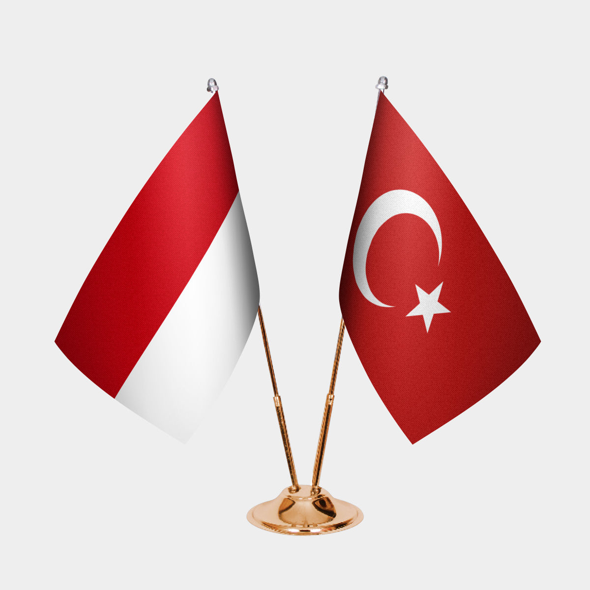 Indonesia and Turkey desk flag set with gold pole and base