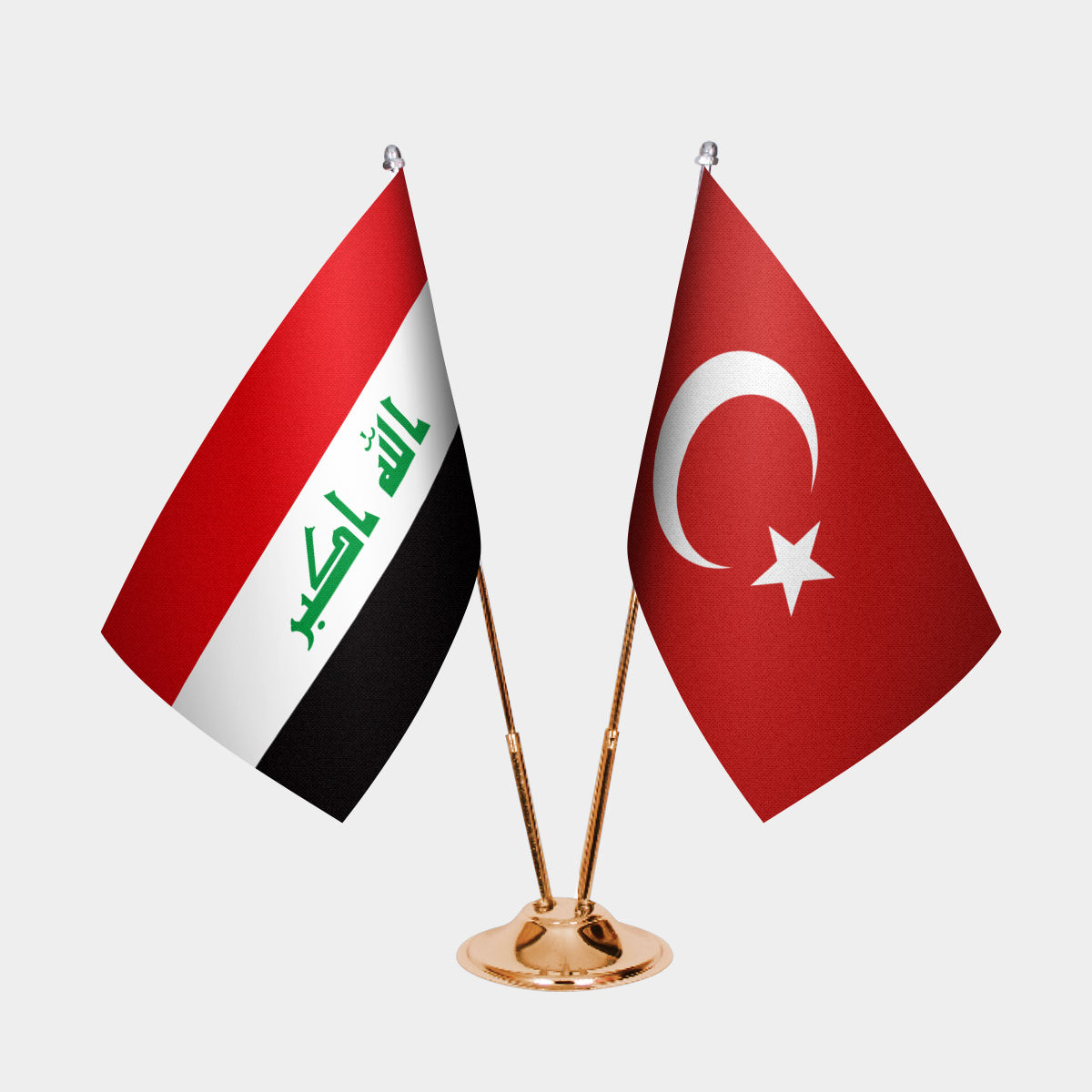 Iraq and Turkey desk flag set with gold pole and base