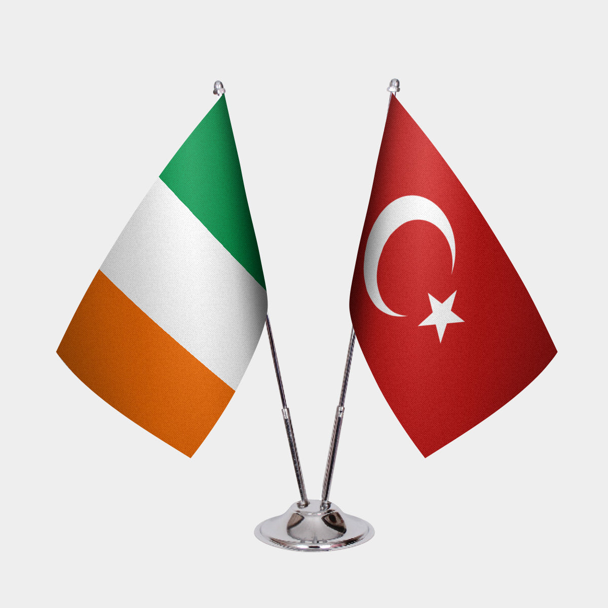Ireland and Turkey desk flag set with chrome pole and base