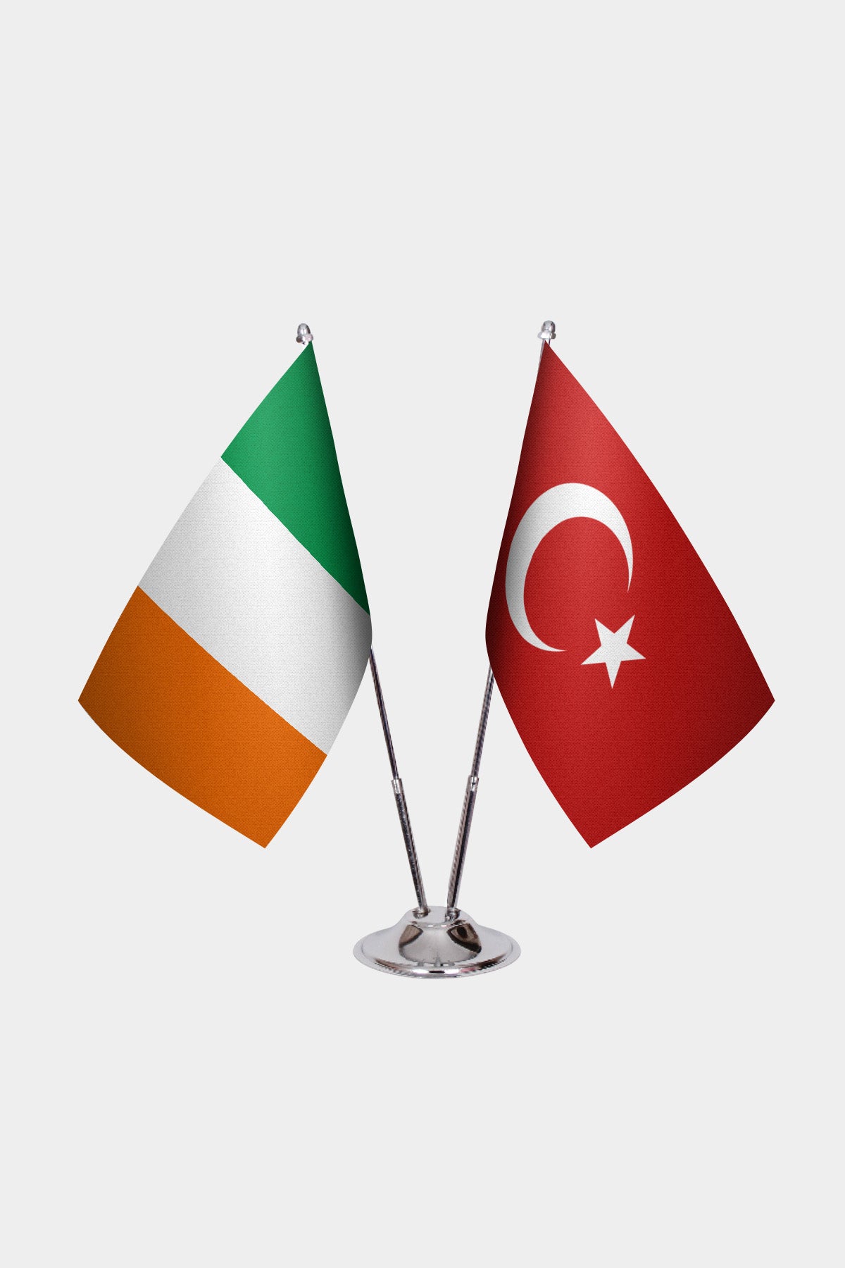 Ireland and Turkey desk flag set with chrome pole and base