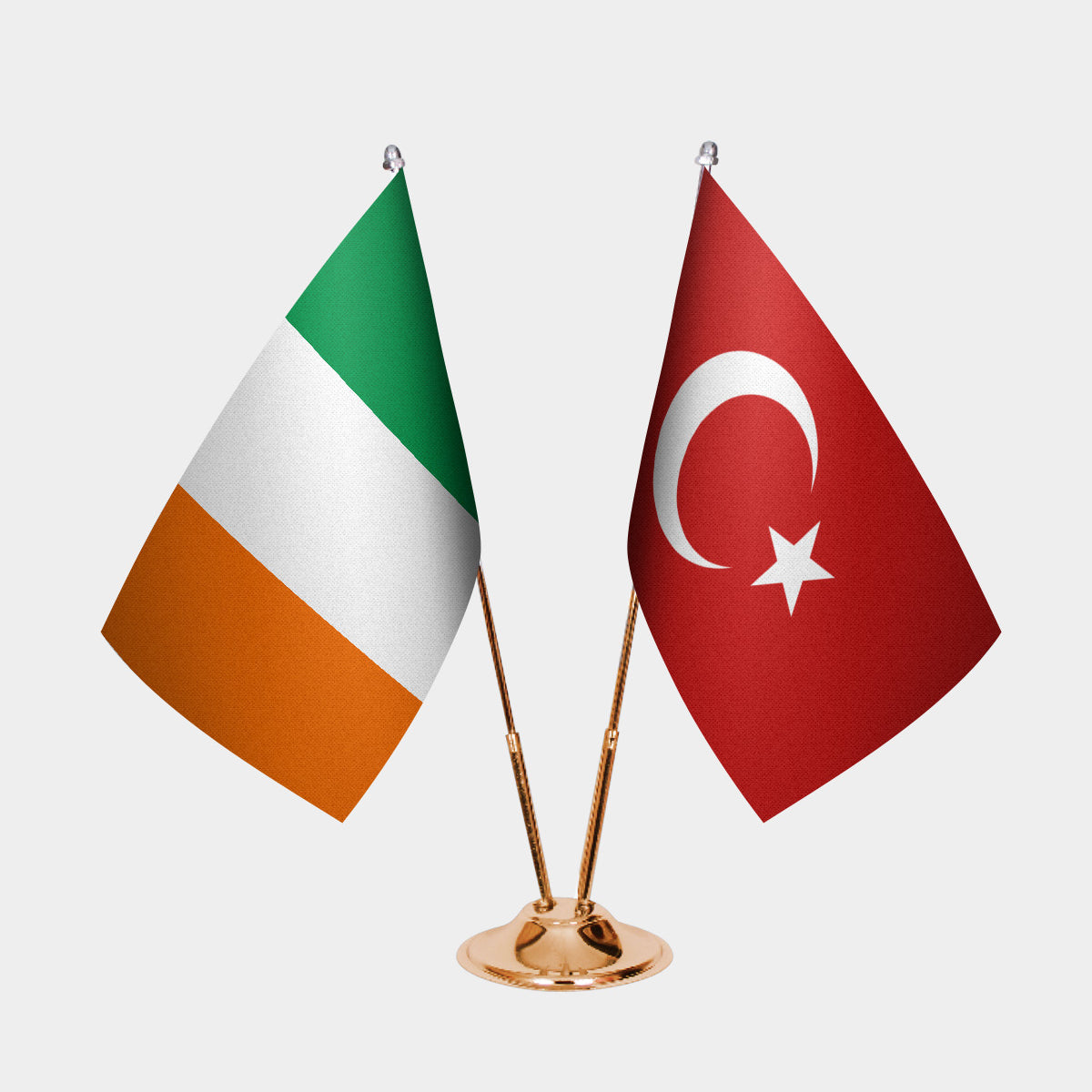 Ireland and Turkey desk flag set with gold pole and base