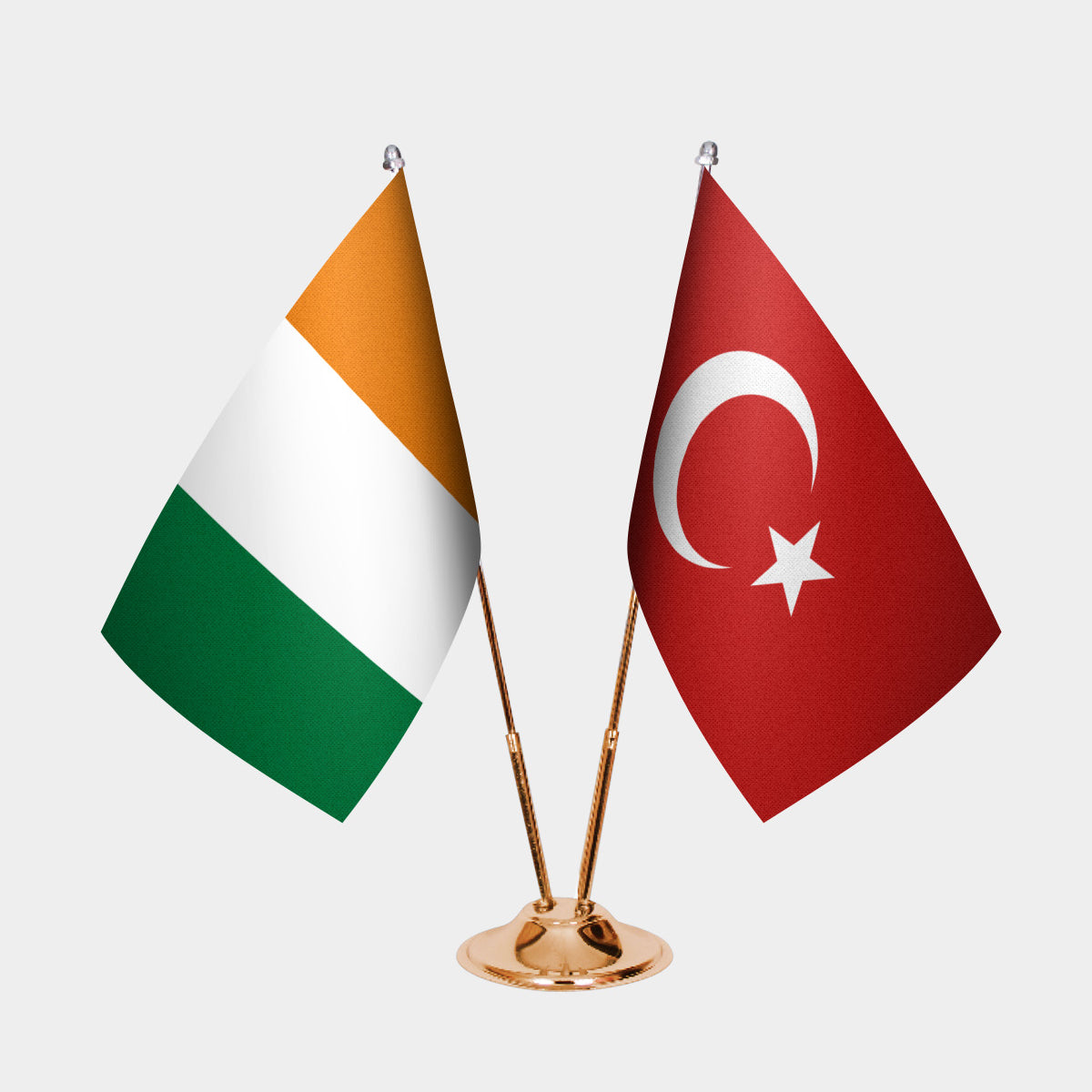 Ivory Coast and Turkey desk flag set with gold pole and base