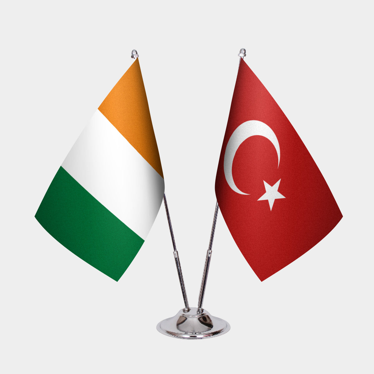 Ivory Coast and Turkey desk flag set with chrome pole and base