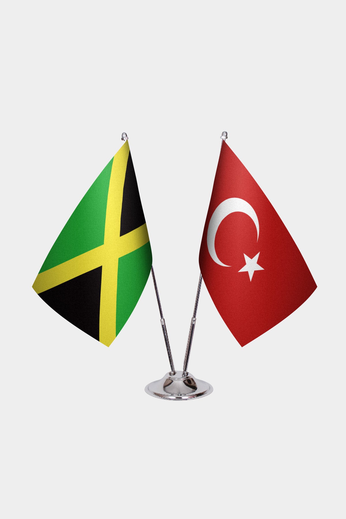 Jamaica and Turkey desk flag set with chrome pole and base