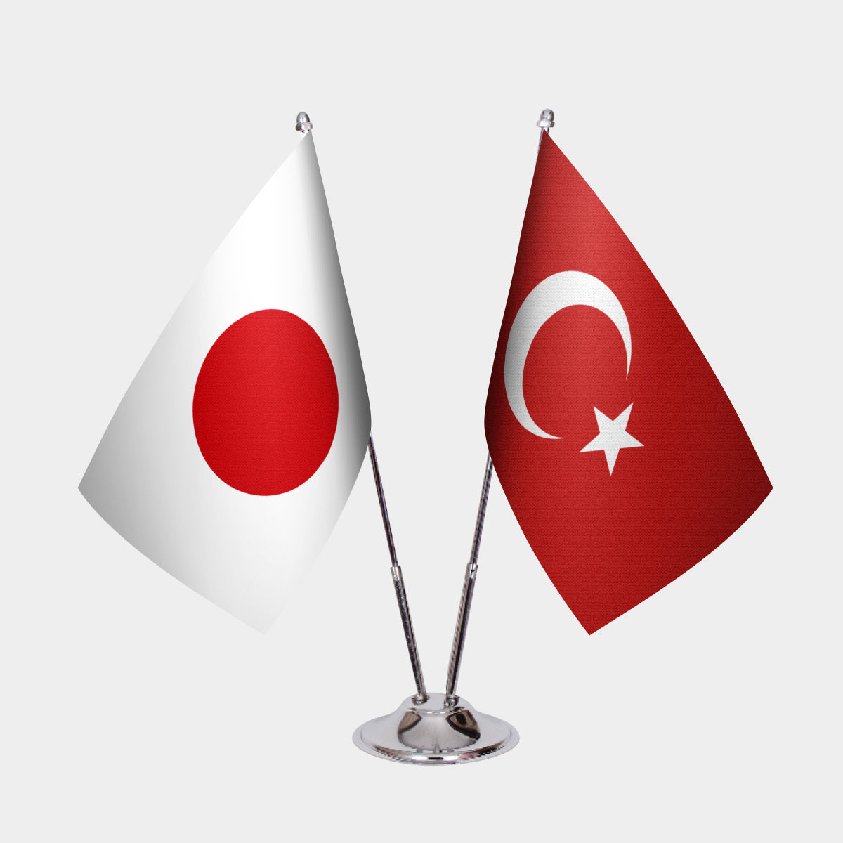 Japan and Turkey desk flag set with chrome pole and base