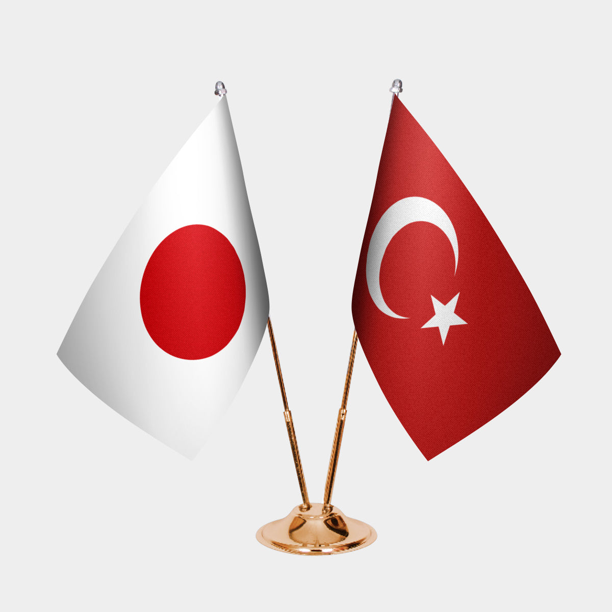 Japan and Turkey desk flag set with gold pole and base