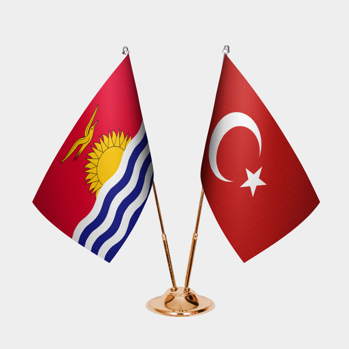 Kiribati and Turkey desk flag set with gold pole and base