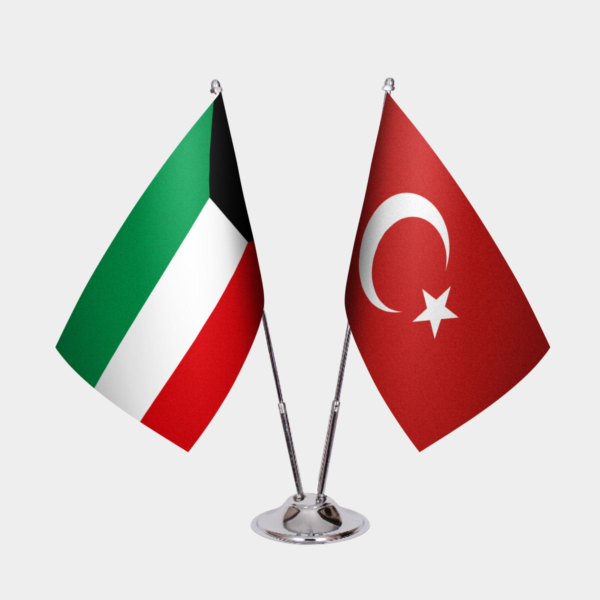 Kuwait and Turkey desk flag set with chrome pole and base