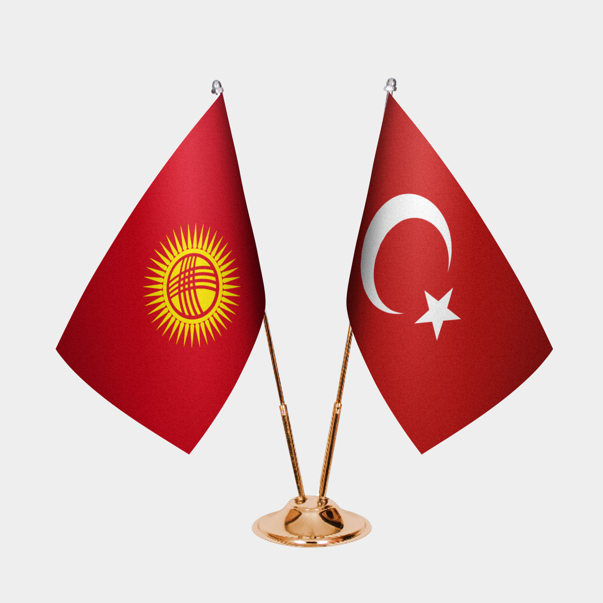 Kyrgyzstan and Turkey desk flag set with gold pole and base