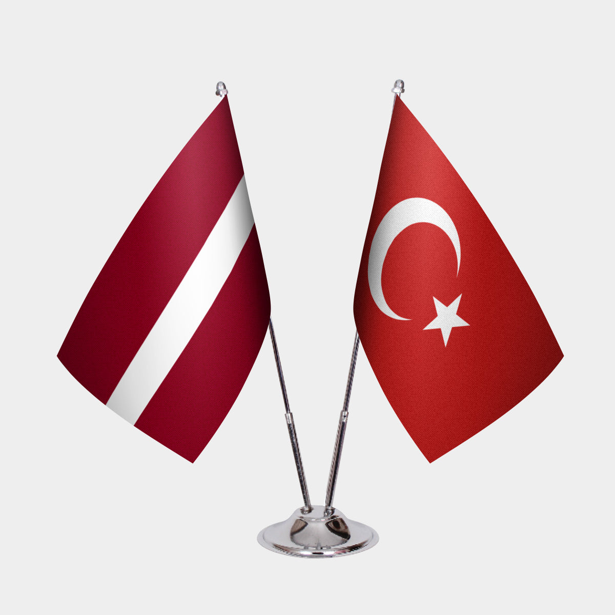 Latvia and Turkey desk flag set with chrome pole and base