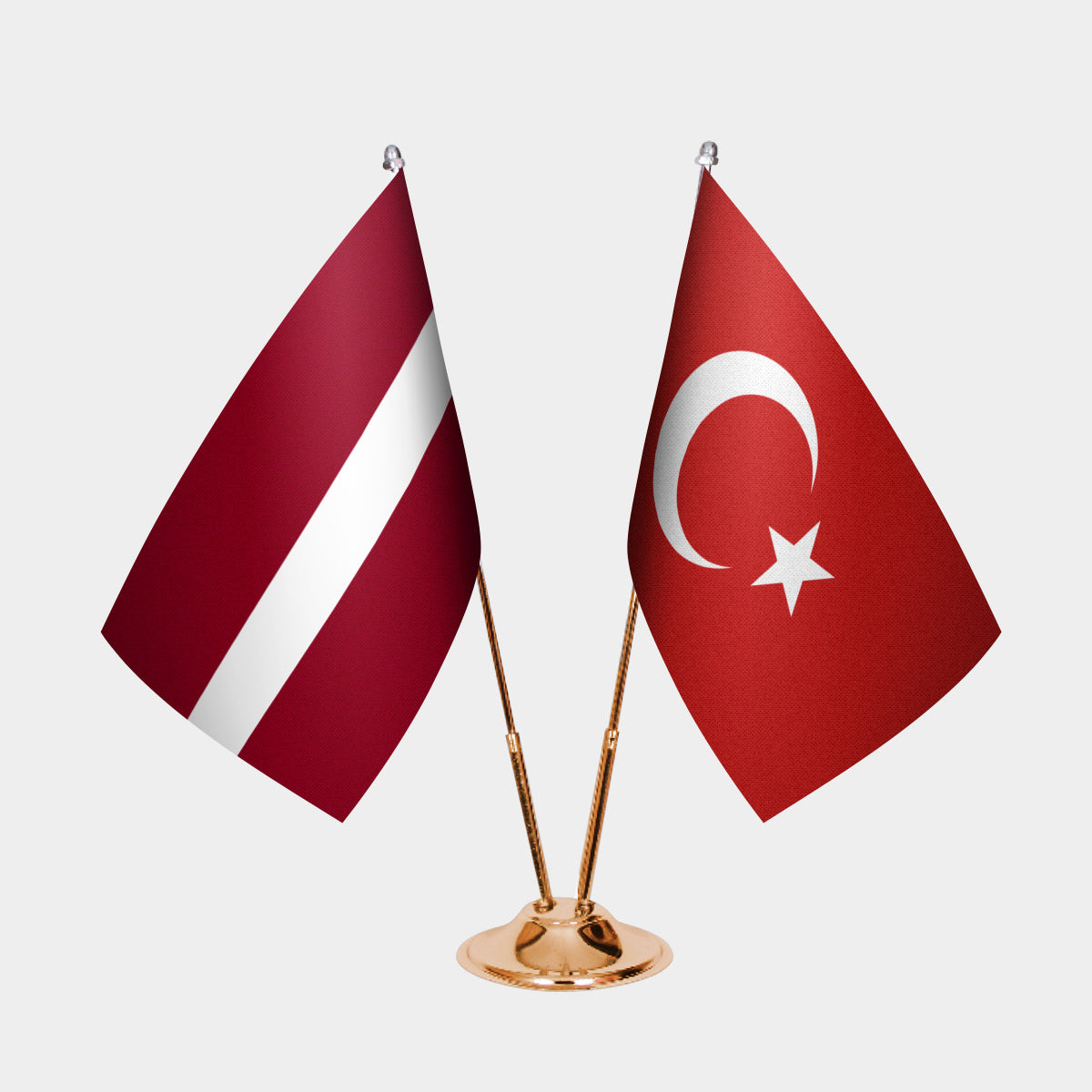 Latvia and Turkey desk flag set with gold pole and base