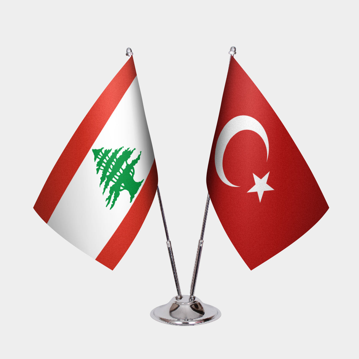Lebanon and Turkey desk flag set with chrome pole and base