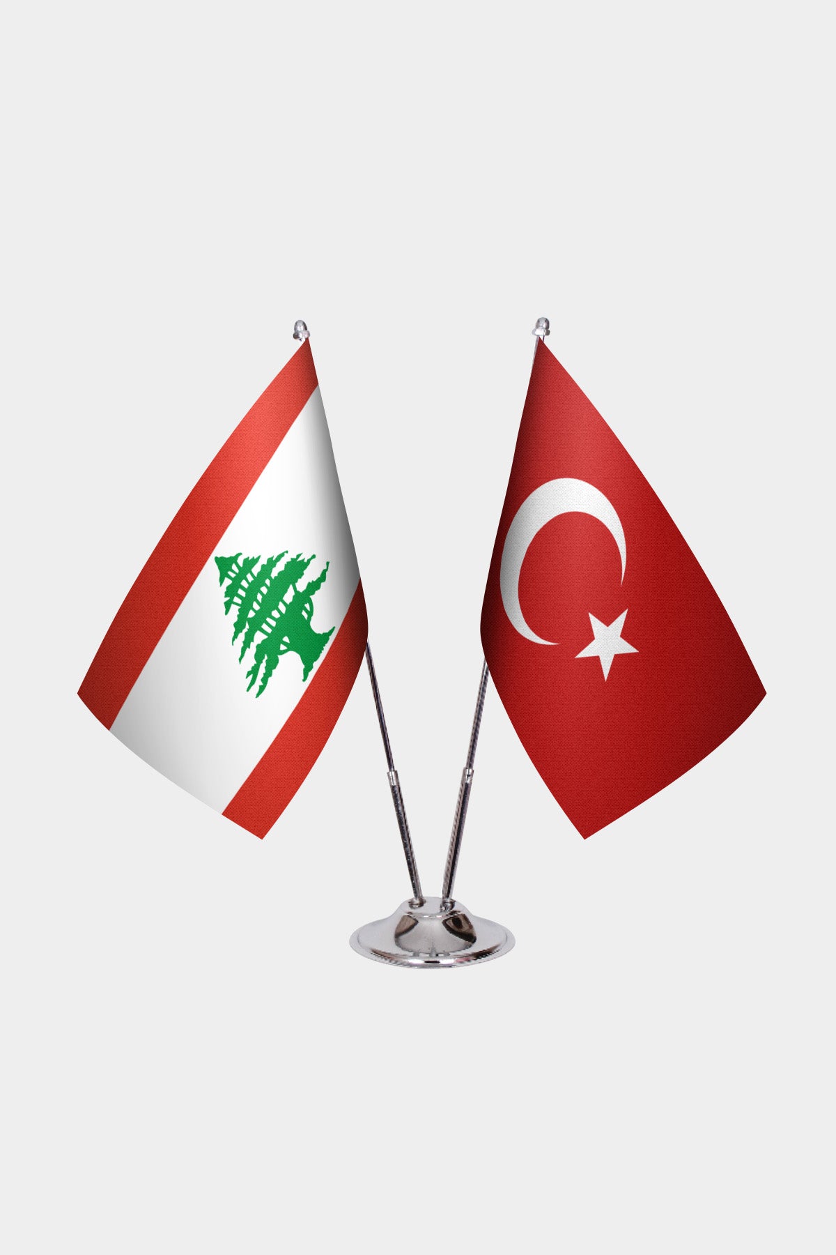 Lebanon and Turkey desk flag set with chrome pole and base